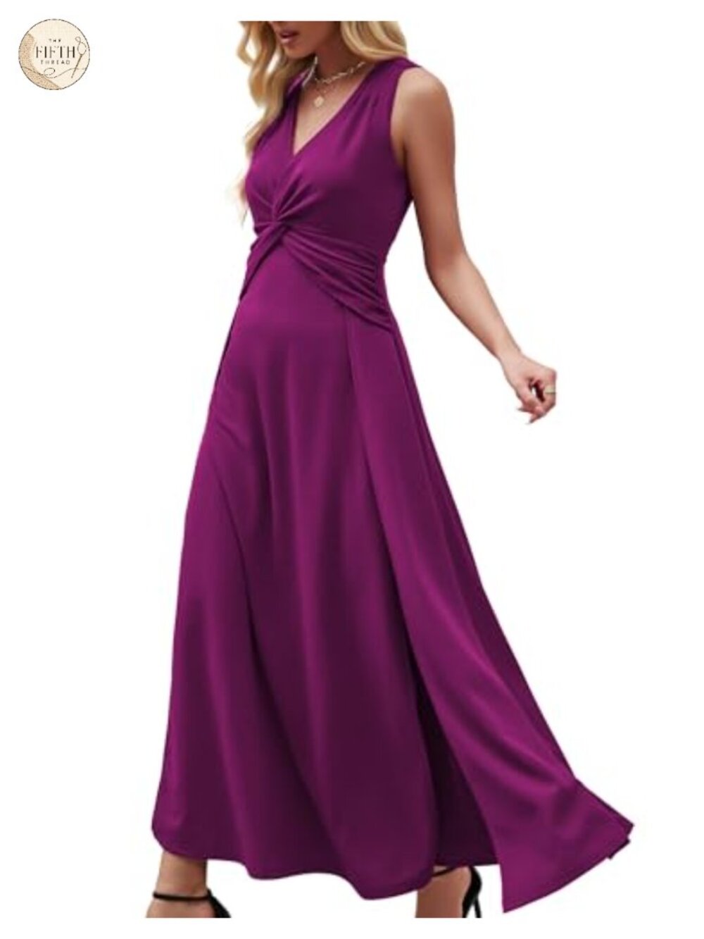 V Neck Sleeveless A-Line Ruffle Formal Evening Maxi Dress